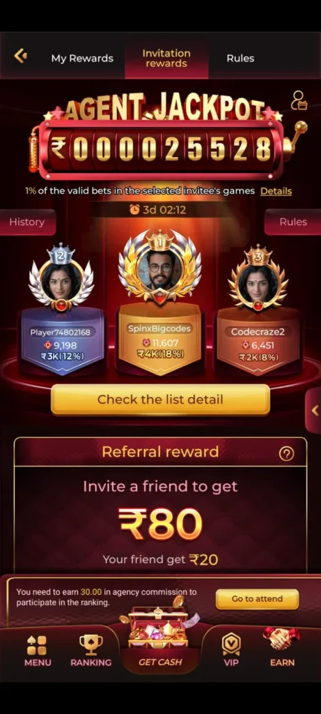 IE777 Game referral earning system with agent jackpot leaderboard and invitation rewards